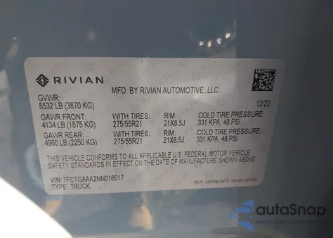 2022 Rivian R1T Adventure z USA, uszkodzony, nr VIN 7FCTGAAA2NN016517